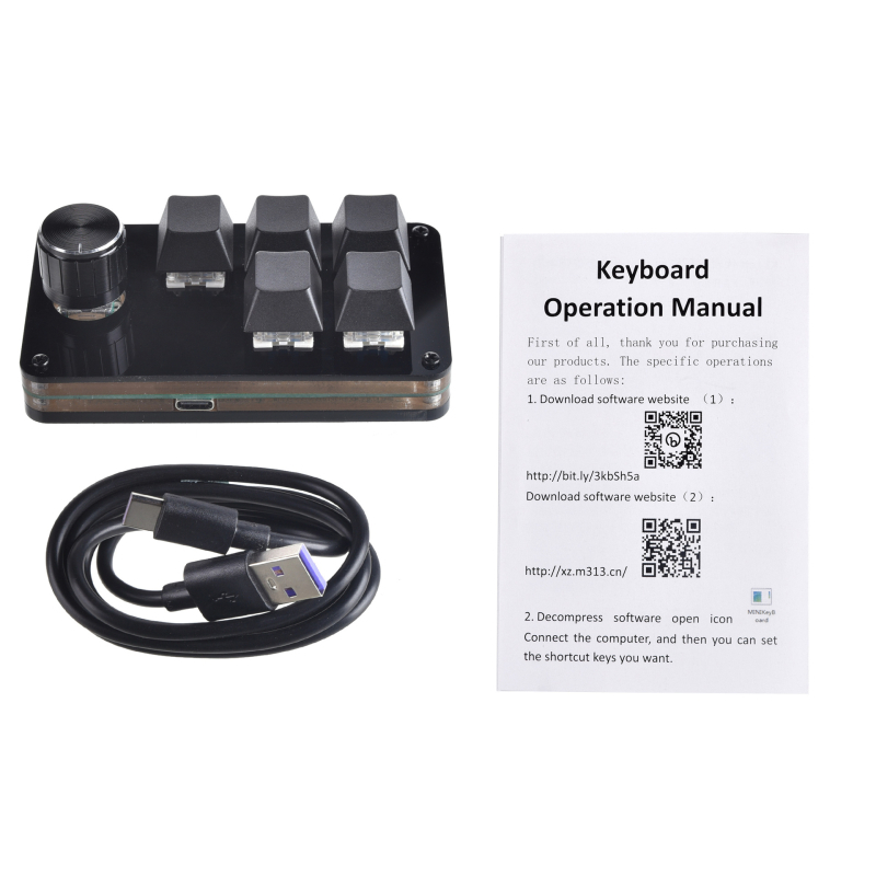 Testre szabható mini billentyűzet 5 gombbal és egy tekerőgombbal, USB-kábel, ergonomikus, egygombos másolás-beillesztés, súly 100 g, rajzok szerinti testreszabás