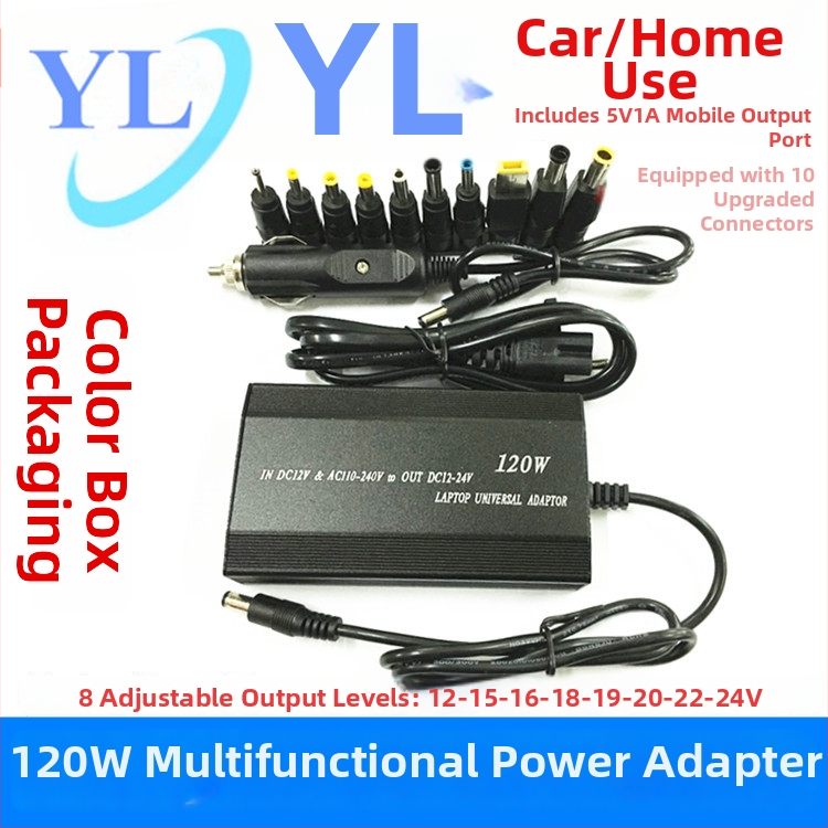 120W daudzfunkcionāls auto un mājas lādētājs ar USB portu un 10 adapteriem, izvade 12–24V