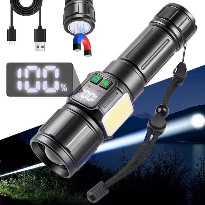 Punjenje LED svjetiljka s USB punjenjem, 360° rotacija, bočna svjetlost i magnet, Li‑ion baterija 18650/26650, domet do 500 m (30 W)