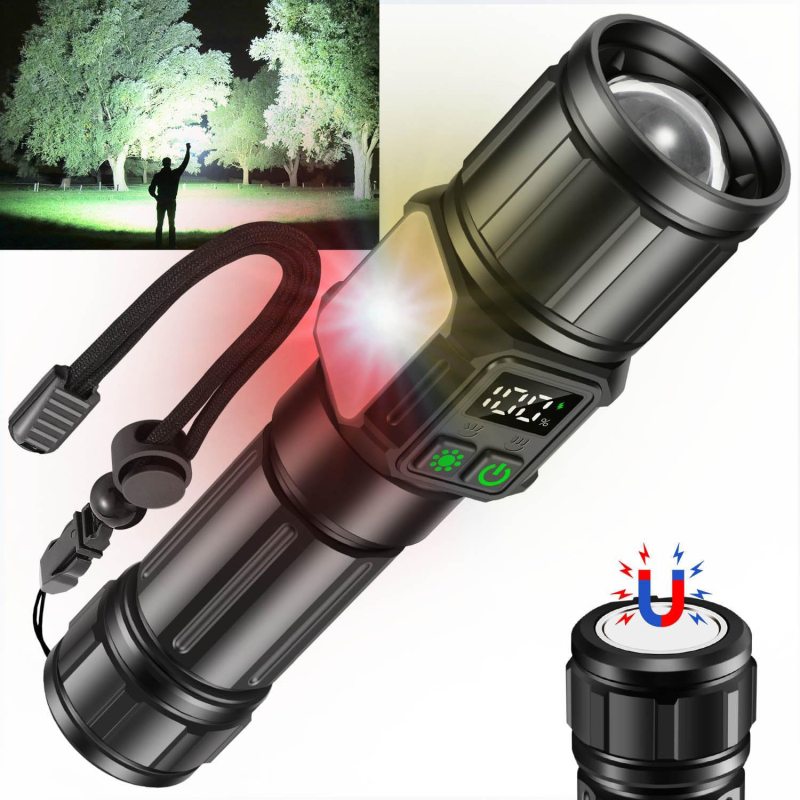 Punjenje LED svjetiljka s USB punjenjem, 360° rotacija, bočna svjetlost i magnet, Li‑ion baterija 18650/26650, domet do 500 m (30 W)