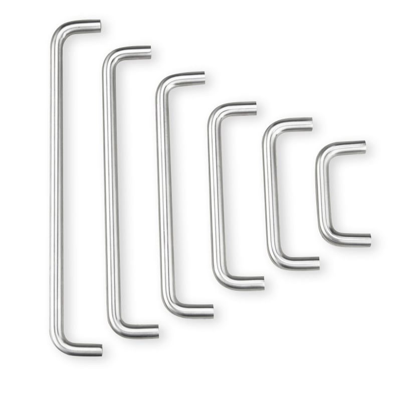 Spintos durų rankenėlė iš nerūdijančiojo plieno, šlifuotas paviršius, dvigubai išlenkta trumpa rankena, paviršinis tvirtinimas