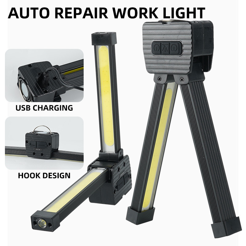 Daudzfunkcionāla uzlādes COB darba lukturis ar LED pārbaudes gaismu, saliekamā magnētiskā lampa auto un teltij - Modelis A55, ABS + alumīnija sakausējums, spilgtums un krāsa regulējami