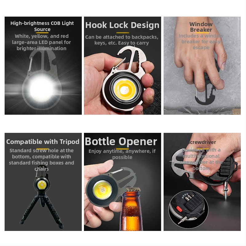 Portatīva COB LED atslēgu piekariņa gaisma kempingam un ārkārtas situācijām, uzlādējama, 3.7V, 10W, piespiežamais slēdzis