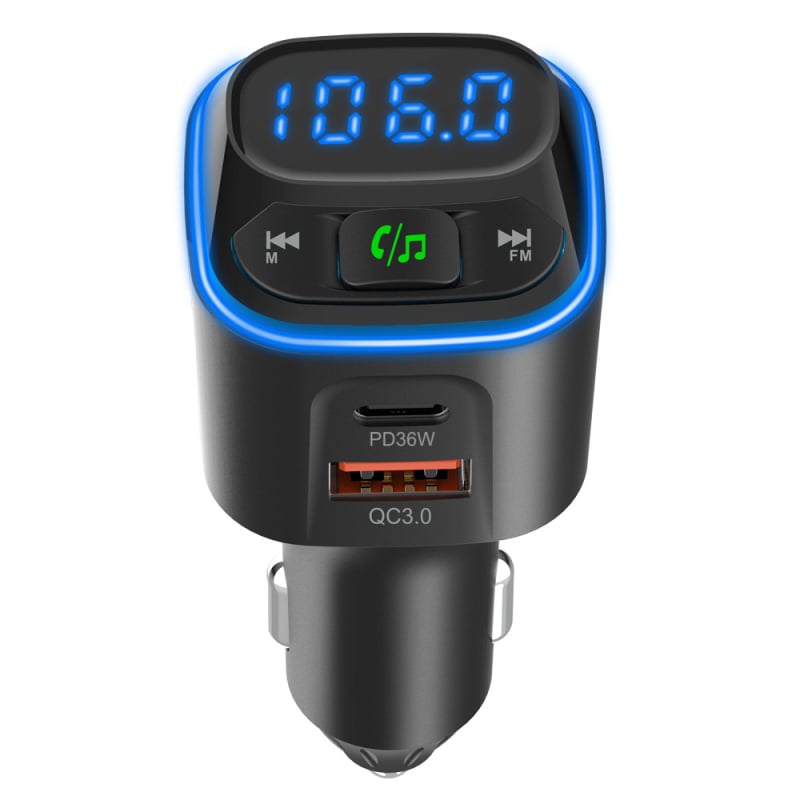 BC80 automobilių įkroviklis su Bluetooth MP3 grotuvu ir hands-free skambučiais, įtampos rodiklis, PD36W+QC3.0, įėjimas 12-24V