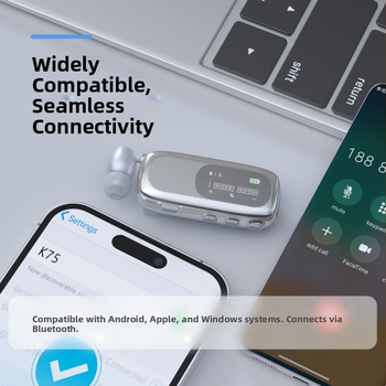 K75 Bluetooth klipsi kõrvaklapid auto jaoks - tõmbatav mikrofon, pikk aku kestvus (>8 tundi), Bluetooth 5.4, mitmepunkti ühendus, digitaalne ekraan