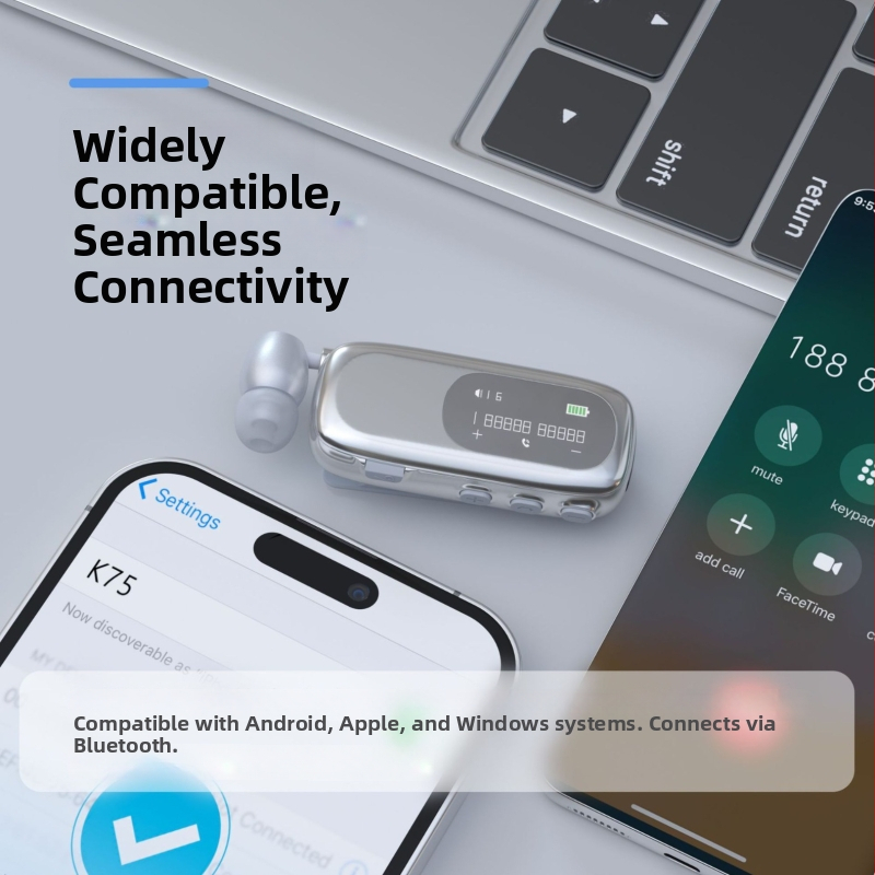 K75 Bluetooth klipsi kõrvaklapid auto jaoks - tõmbatav mikrofon, pikk aku kestvus (>8 tundi), Bluetooth 5.4, mitmepunkti ühendus, digitaalne ekraan