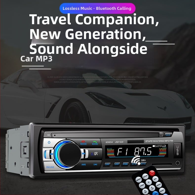 Player MP3 auto cu Bluetooth și radio FM, alimentare 12V, interfață ISO, modelul 520, slot pentru card, fără memorie internă