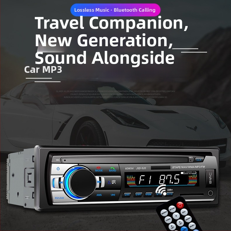 Player MP3 auto cu Bluetooth și radio FM, alimentare 12V, interfață ISO, modelul 520, slot pentru card, fără memorie internă
