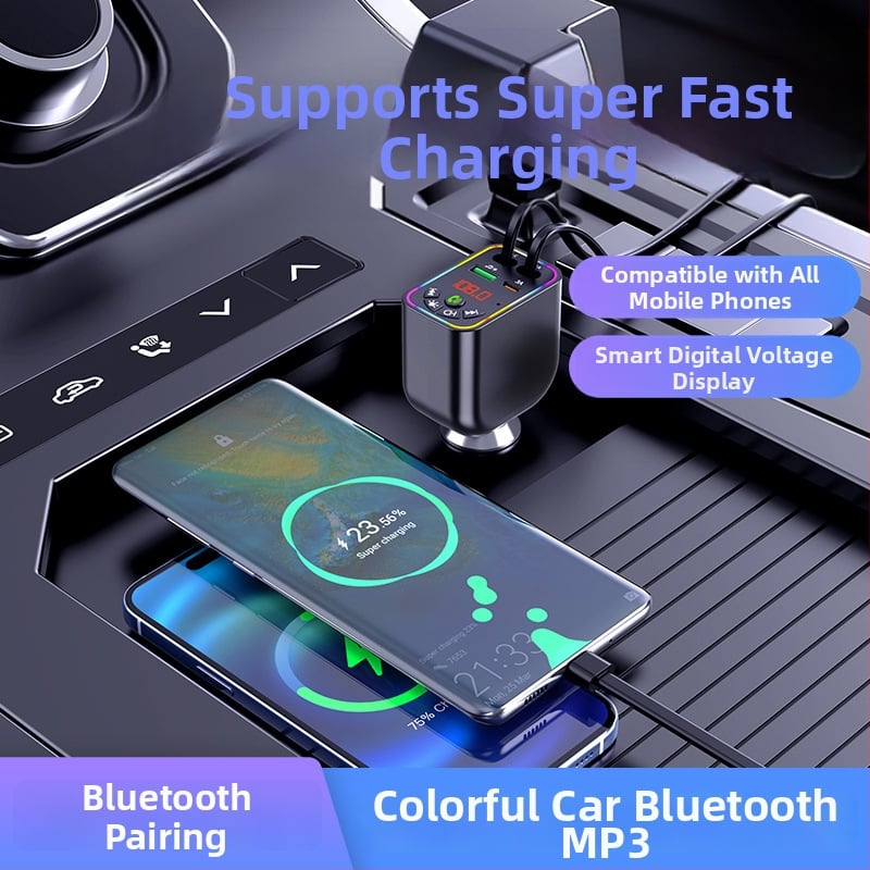 Automobililine Bluetooth MP3-mängija ja laadija Y5 4-in-1 väljatõmmatav kaabel, FM saatja, USB laadimine, 9–26V sisend