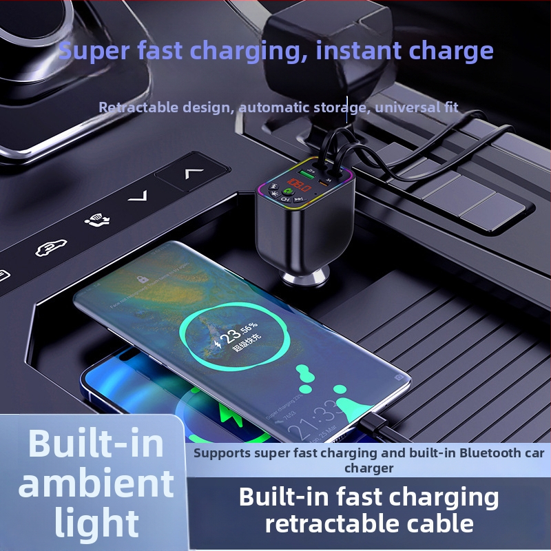 Automobililine Bluetooth MP3-mängija ja laadija Y5 4-in-1 väljatõmmatav kaabel, FM saatja, USB laadimine, 9–26V sisend