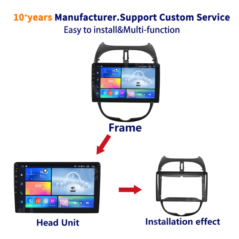 Unitate de navigație Android pentru Peugeot 206/Citroën C2, cu ecran QLED/IPS, rezoluție 1280x720 și cameră de mers înapoi încorporată
