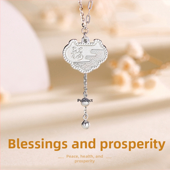 Colier cu pandantiv geometric și ciucure, din argint 925, 3,98 g, lanț obișnuit, stil nou chinezesc