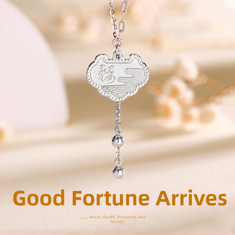 Colier cu pandantiv geometric și ciucure, din argint 925, 3,98 g, lanț obișnuit, stil nou chinezesc