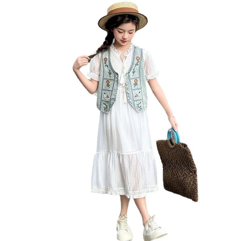 Dječji dvodjelni komplet: haljina bez rukava s denim vestom s vezenim suncokreta, princ stil, korejski ljetni outfit za djecu od 8 godina