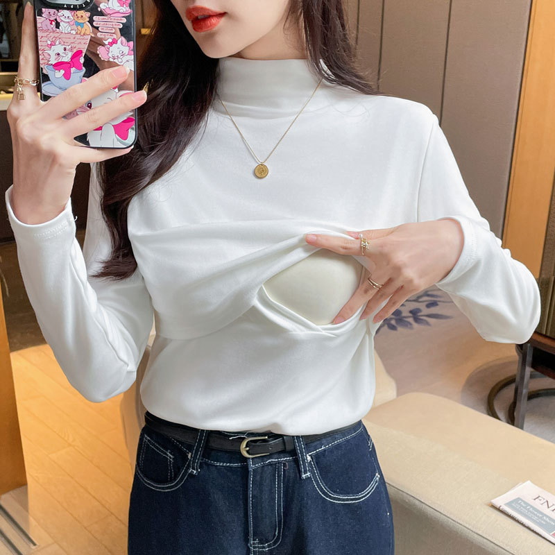 Žindymo marškinėliai su ilgomis rankovėmis, polo kaklo, vienos spalvos — Core-spun pluošto audinys, 2024 m. pavasaris