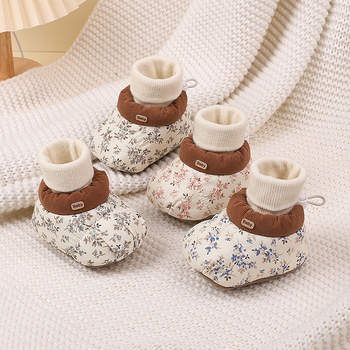 Babacipő zokni, koreai stílus virágos mintával, téli meleg, pamut felső rész, EVA talpbetét