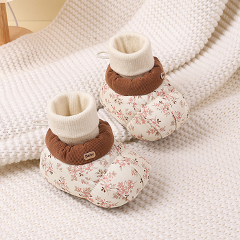 Babacipő zokni, koreai stílus virágos mintával, téli meleg, pamut felső rész, EVA talpbetét