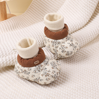 Babacipő zokni, koreai stílus virágos mintával, téli meleg, pamut felső rész, EVA talpbetét