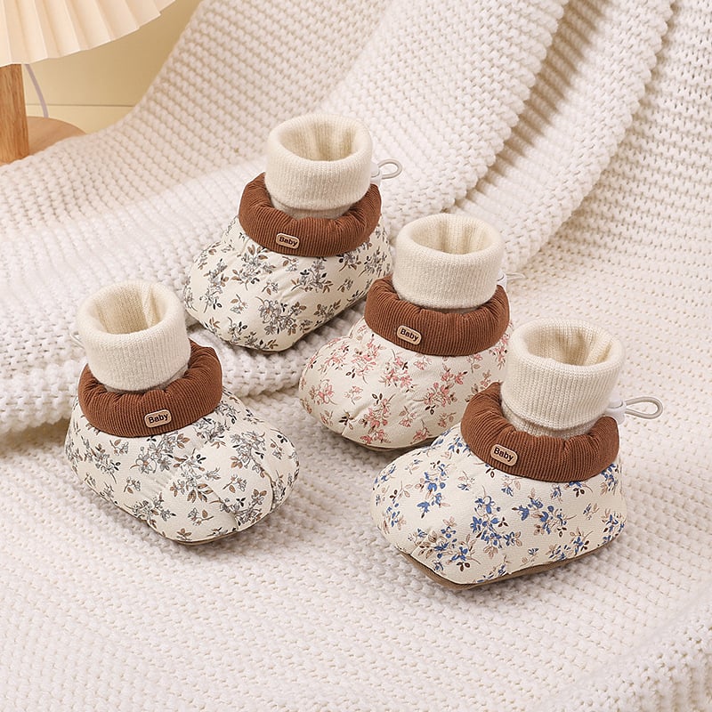 Babacipő zokni, koreai stílus virágos mintával, téli meleg, pamut felső rész, EVA talpbetét