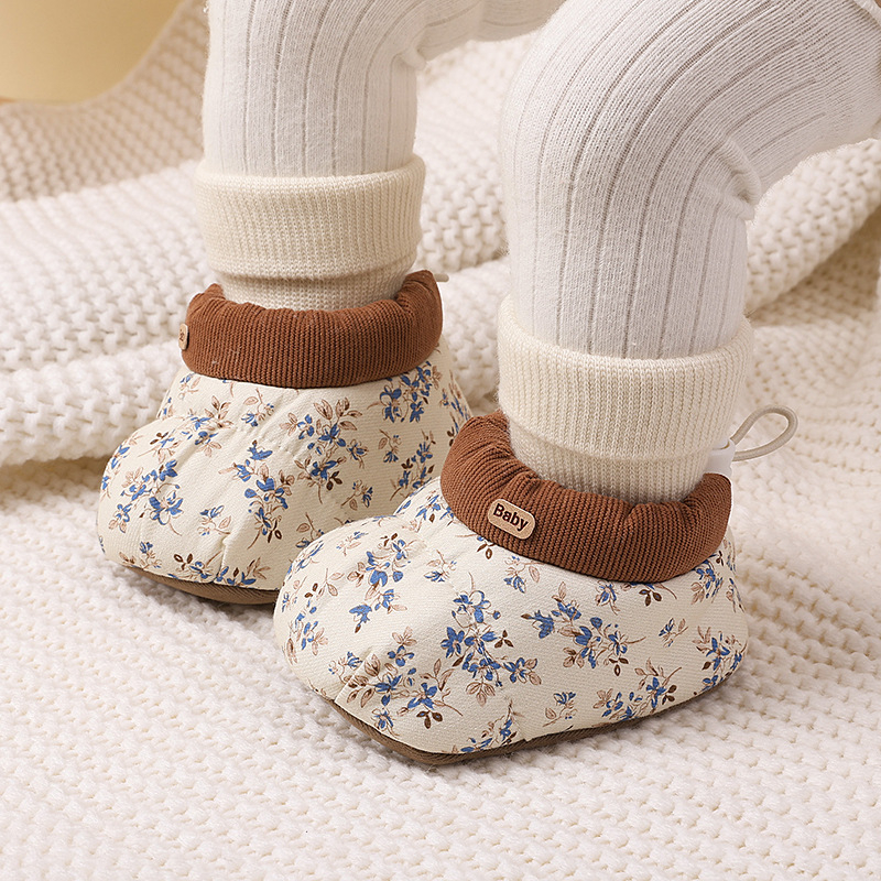 Babacipő zokni, koreai stílus virágos mintával, téli meleg, pamut felső rész, EVA talpbetét