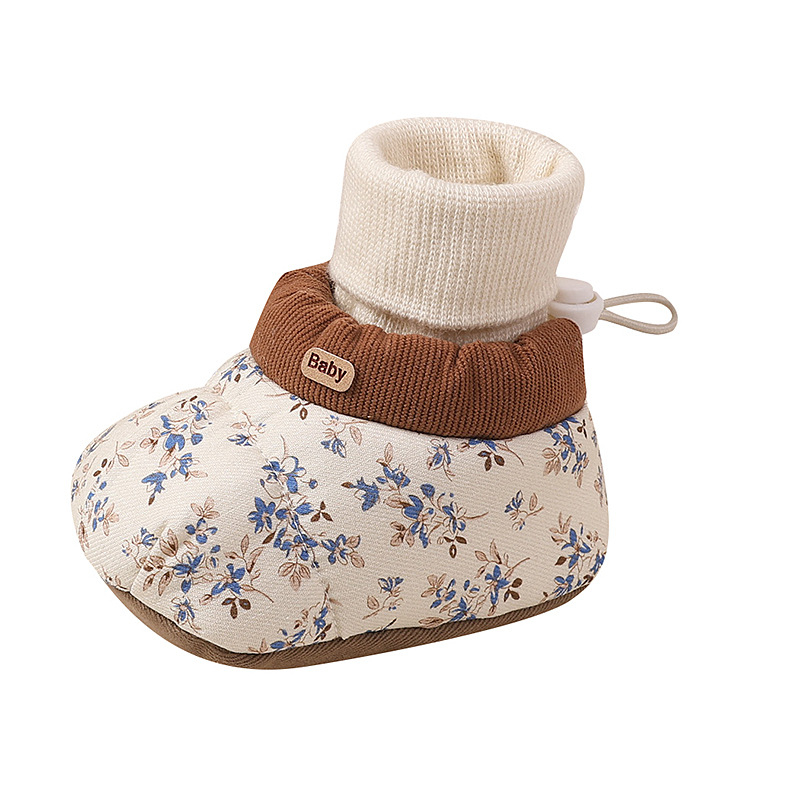 Babacipő zokni, koreai stílus virágos mintával, téli meleg, pamut felső rész, EVA talpbetét