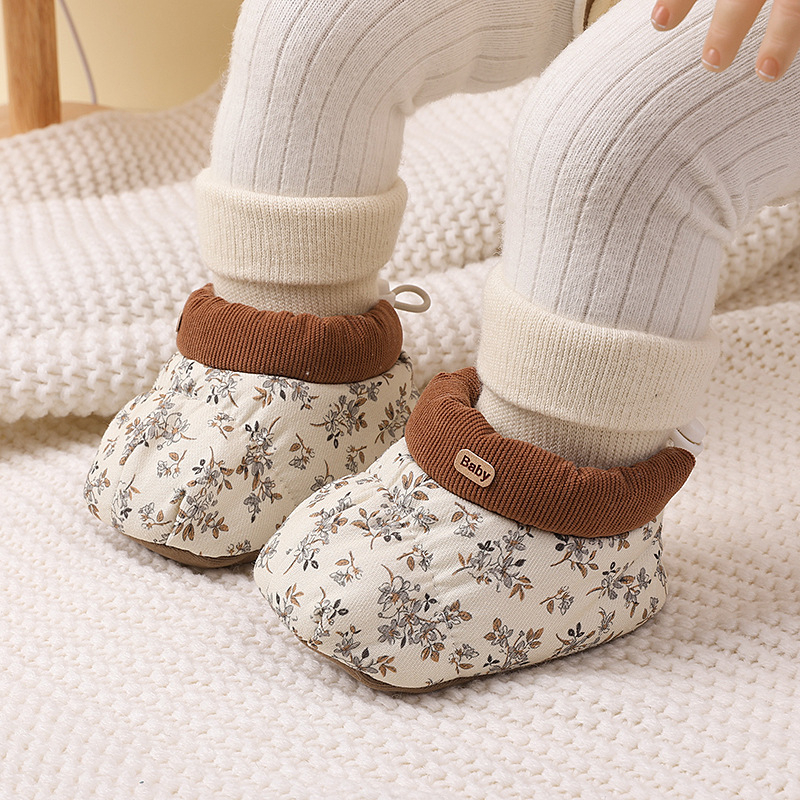 Babacipő zokni, koreai stílus virágos mintával, téli meleg, pamut felső rész, EVA talpbetét