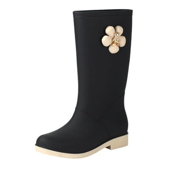 Sieviešu lietus zābaki ar augstu augšdaļu, PVC, ziedu raksts, slip-on, zems papēdis 1-3 cm