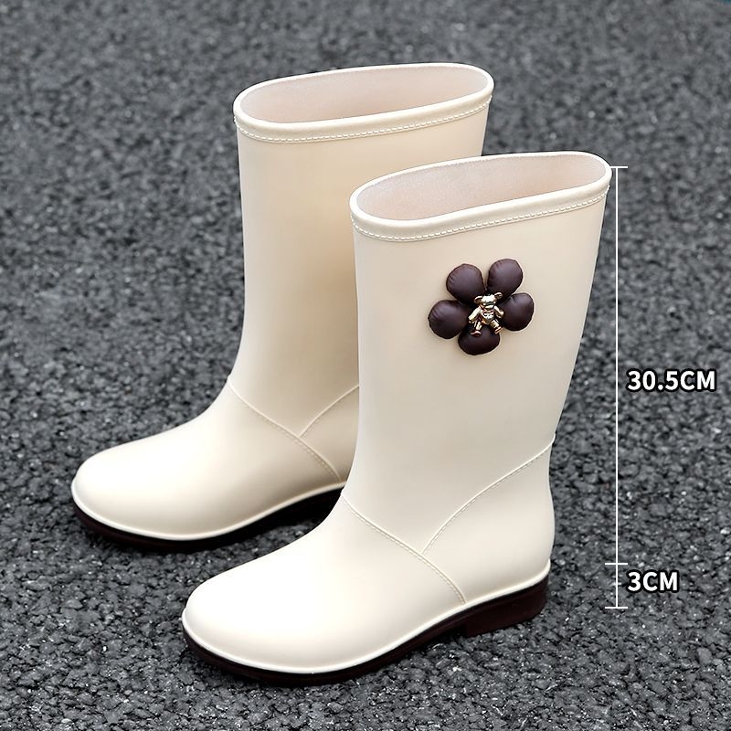 Sieviešu lietus zābaki ar augstu augšdaļu, PVC, ziedu raksts, slip-on, zems papēdis 1-3 cm