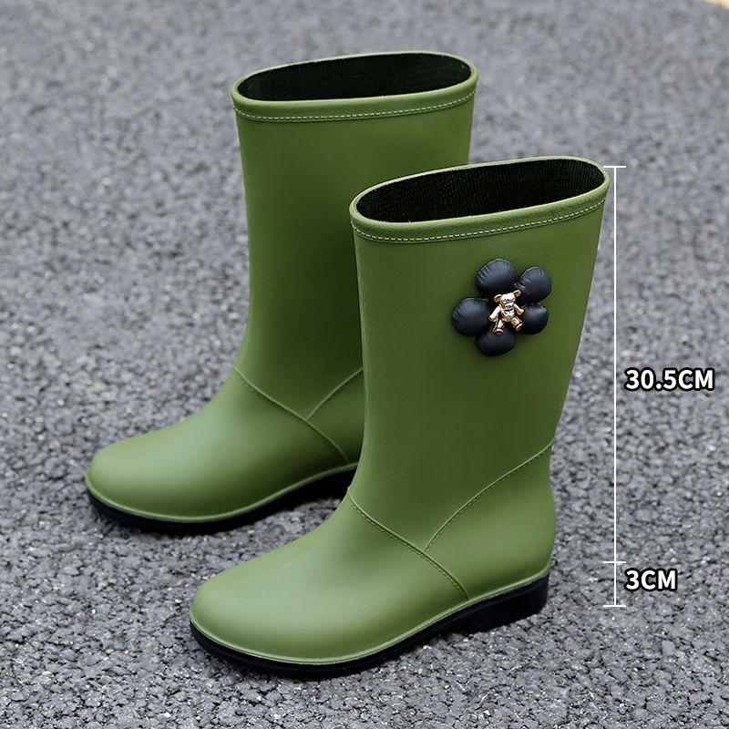 Sieviešu lietus zābaki ar augstu augšdaļu, PVC, ziedu raksts, slip-on, zems papēdis 1-3 cm