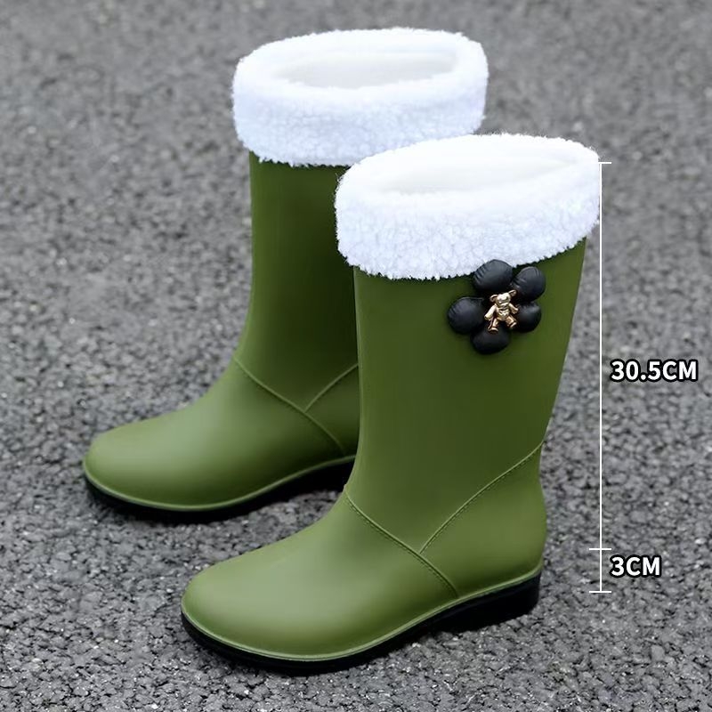 Sieviešu lietus zābaki ar augstu augšdaļu, PVC, ziedu raksts, slip-on, zems papēdis 1-3 cm