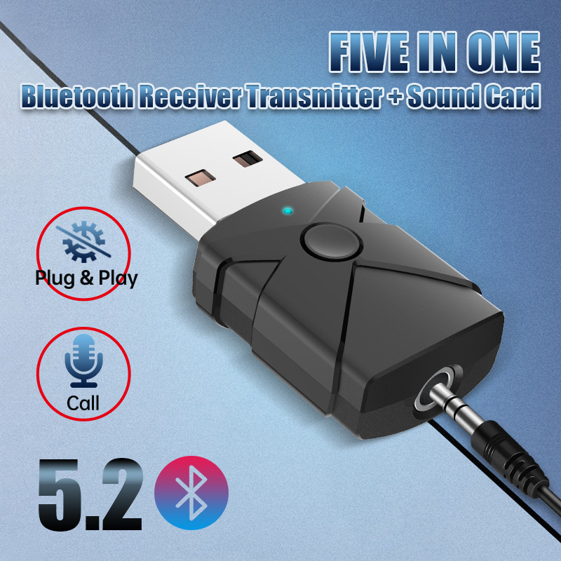 Bluetooth 5.2 USB audio adapter – pretvarač/primopredajnik s USB i 3,5 mm sučeljem, Plug and Play, bez vanjskog napajanja, domet 10 m