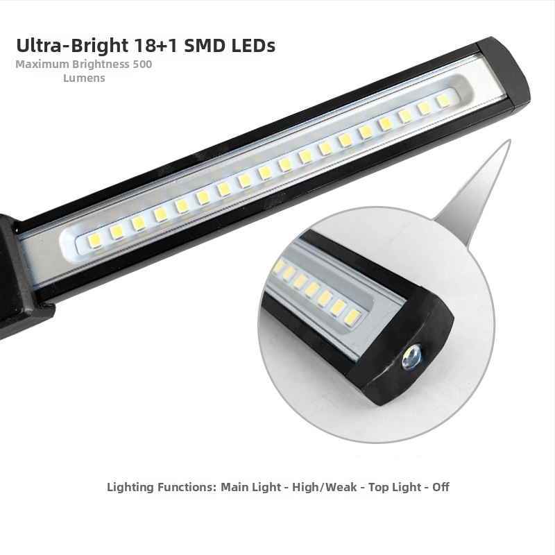 Uzlādējama magnētiskā darba gaisma ar elastīgu kaklu un āķi — SMD LED 10W, 5V, 500 lm, 2000mAh