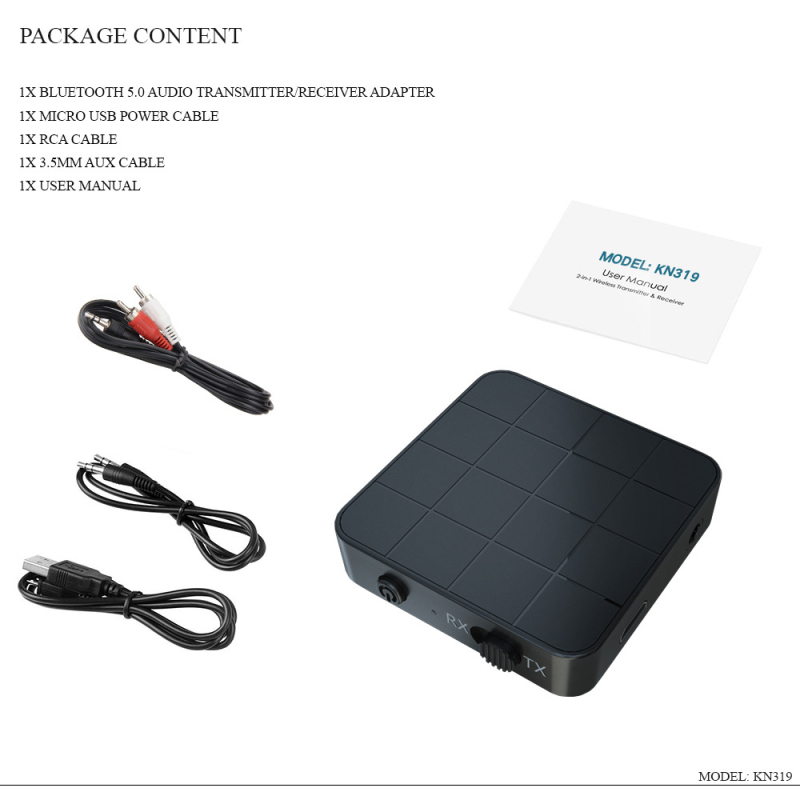 KN321 Bluetooth 5.0 Audio Emitiranje i Primanje, 2-u-1 adapter, 3,5 mm audio priključak, Plug and Play, Raspon 10 m