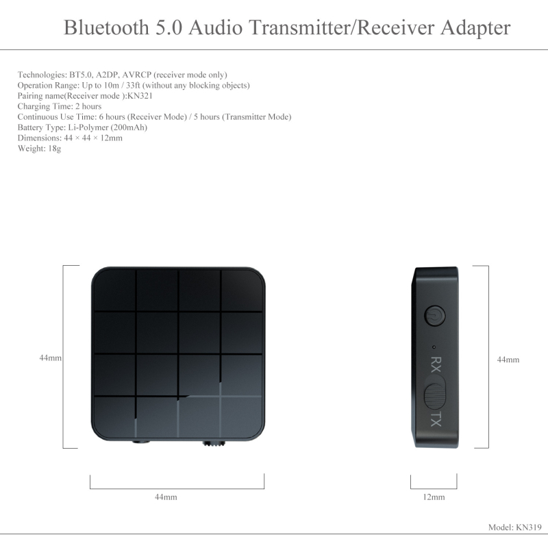 KN321 Bluetooth 5.0 Audio Emitiranje i Primanje, 2-u-1 adapter, 3,5 mm audio priključak, Plug and Play, Raspon 10 m