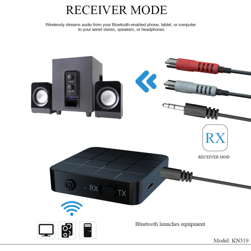 KN321 Bluetooth 5.0 Audio Emitiranje i Primanje, 2-u-1 adapter, 3,5 mm audio priključak, Plug and Play, Raspon 10 m
