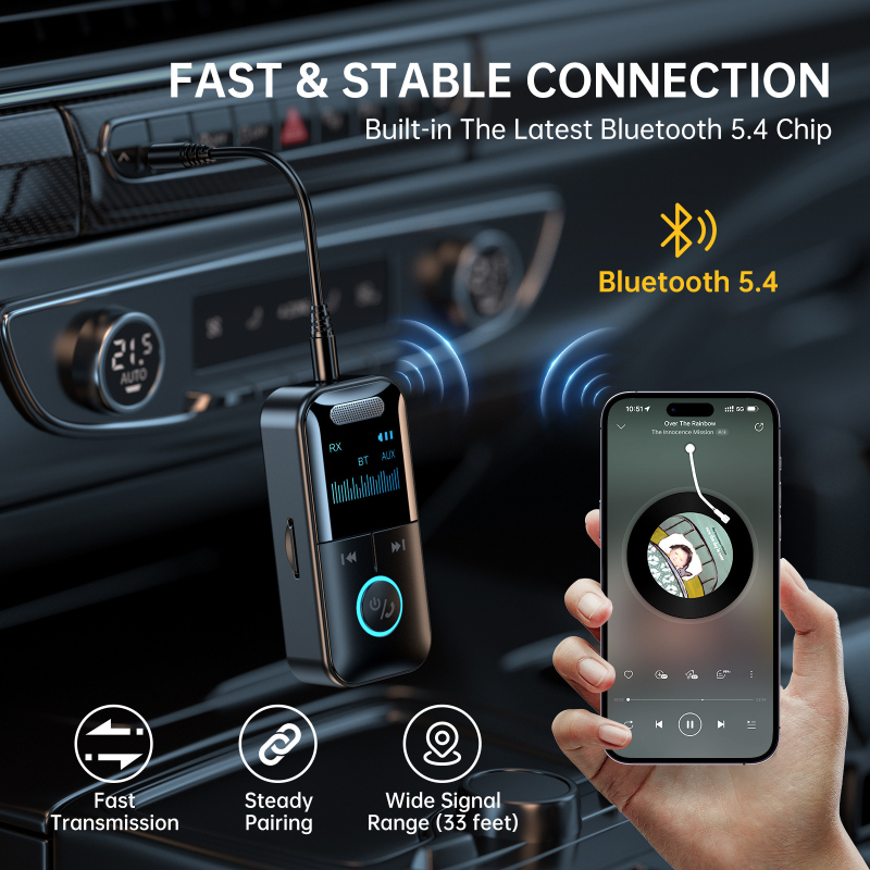 Airfly Bluetooth 5.4 automobilski audio odašiljač i prijemnik GT69 — 3,5 mm AUX sučelje, Plug‑and‑Play, vanjsko napajanje, domet 10 m