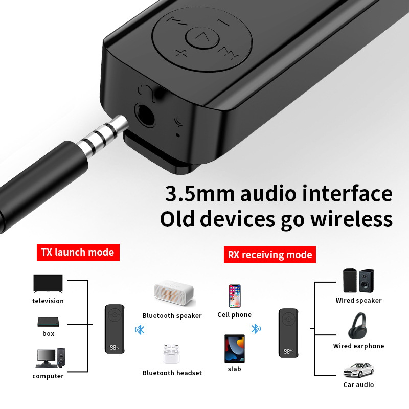 2-u-1 Bluetooth 5.3 auto transmiter i prijemnik s 3,5 mm AUX, Plug-and-Play, domet 10 m, rad 2,4 GHz