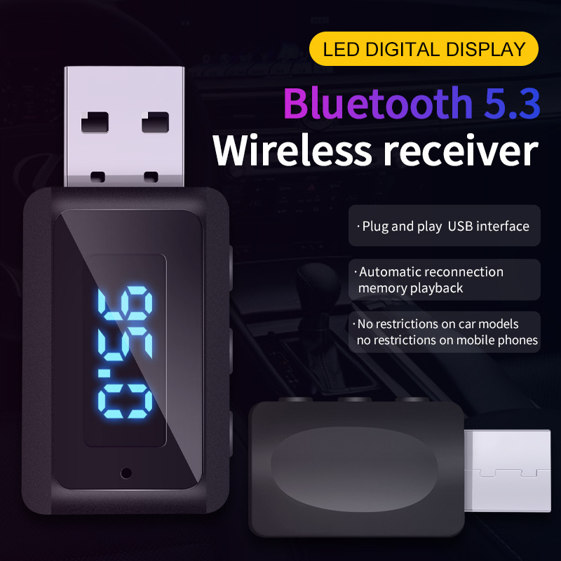 Bluetooth 5.3 receptor audio pentru mașină (USB, Plug‑and‑Play, rată de transmisie 100, rază 10 m)