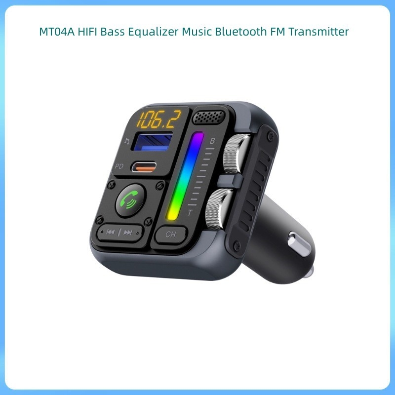 MT04A Bluetooth auto pārraide ar MP3 atskaņotāju un USB — BT 5.3, Type-C interfeiss, Plug‑and‑Play, Pārraides ātrums 100, Diapazons 10 m
