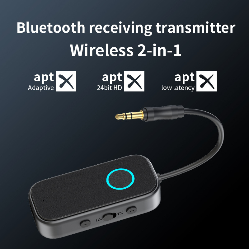 Bluetooth 5.4 audio uztvērējs-raidītājs, divu funkciju auto AUX adapteris ar 3,5 mm interfeisu, Plug‑and‑Play, darbības rādiuss līdz 15 m