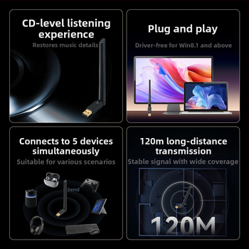 Bluetooth audio raidītājs/saņēmējs USB adapters, USB interfeiss, Plug-and-Play, barošana caur USB, darbības diapazons 10–20 m, Bluetooth 6.0