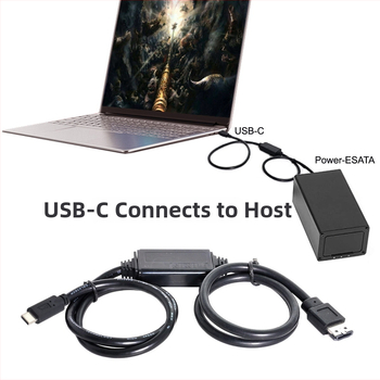 Type-C į ESATA adapterio kabelį su maitinimu, USB-SATA sąsaja, 0,2 m ilgis, vienas galinis kištukas, tiesus jungtis.