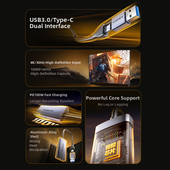 USB 3.0 HDMI videouzņemšanas karte, 4K, MS2131 čips, AD067 modelis, Type-C ieeja, saderīga ar visām operētājsistēmām.