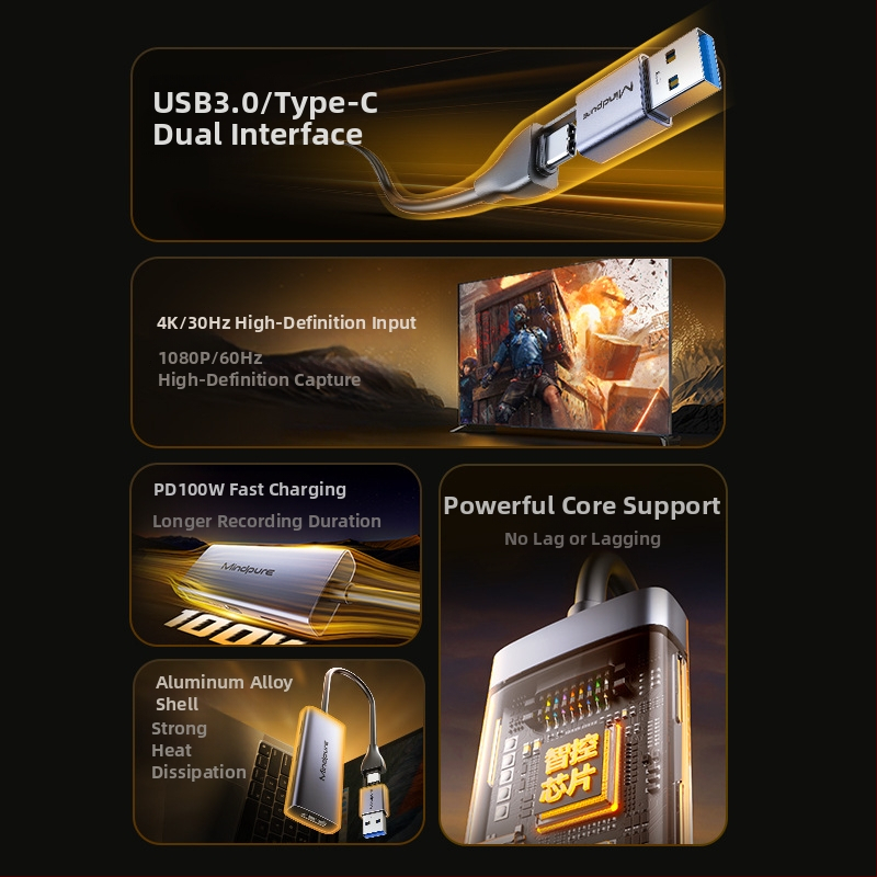 USB 3.0 HDMI videouzņemšanas karte, 4K, MS2131 čips, AD067 modelis, Type-C ieeja, saderīga ar visām operētājsistēmām.