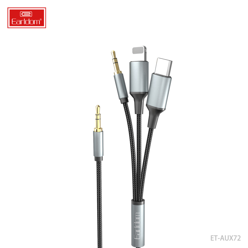 Earldom AUX72: AUX trijų-in-one garso kabelis Apple Type-C įrenginiams, vyriškos jungtys, gryno vario šerdis, oksidacijai atsparus varis