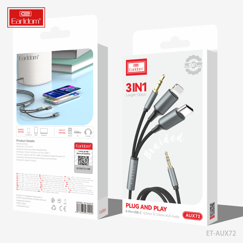 Earldom AUX72: AUX trijų-in-one garso kabelis Apple Type-C įrenginiams, vyriškos jungtys, gryno vario šerdis, oksidacijai atsparus varis
