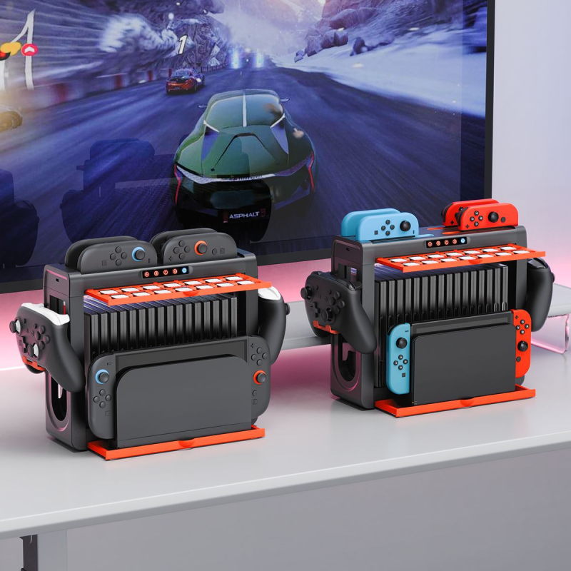 Suport de încărcare și depozitare pentru Switch / Switch 2 cu 14 locuri pentru carduri și 16 locuri pentru cutii de jocuri — Model Pg-sw2027, USB-C, ABS