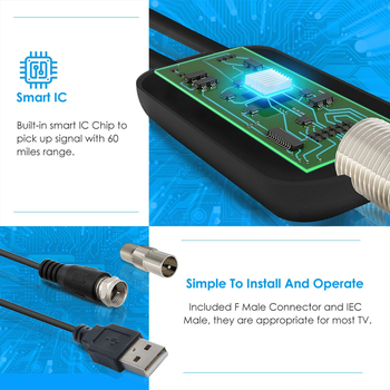 Kompakta iekšējā HDTV antena DVB-T2, modelis P23, 470–860 MHz, 75 Ω, SWR ≤1.5, darbības spriegums 5 V