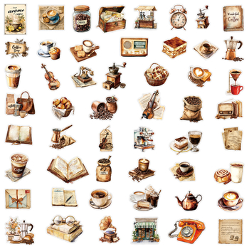 50 retro kafijas uzlīmes – PET materiāls, drukāšana, mūsdienīgs minimālisma stils; dienasgrāmatai, tālrunim, ģitārai, skateboardam, datoram, krūzei (Produkta kods TM50-23-PET)