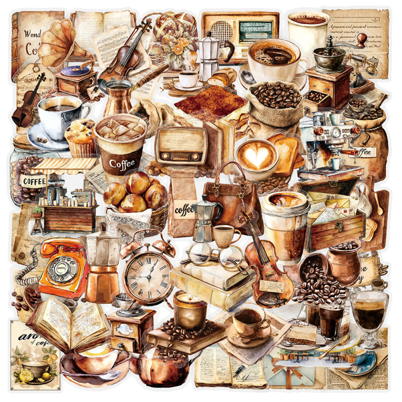 50 retro kafijas uzlīmes – PET materiāls, drukāšana, mūsdienīgs minimālisma stils; dienasgrāmatai, tālrunim, ģitārai, skateboardam, datoram, krūzei (Produkta kods TM50-23-PET)